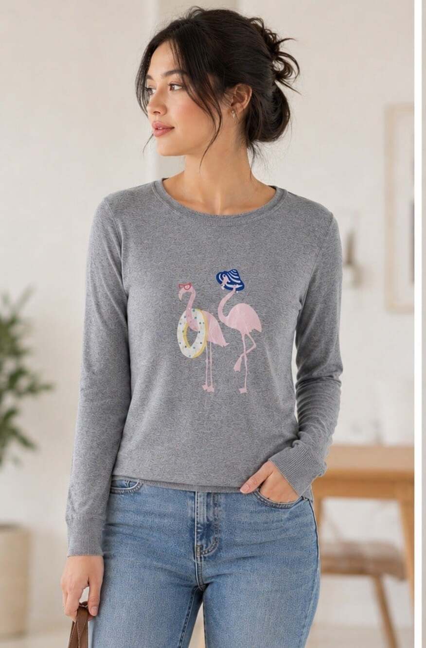 TALBOTS Gray Sweater Flamingo Novelty Soft Casual Minimalist Cute Fall LARGE